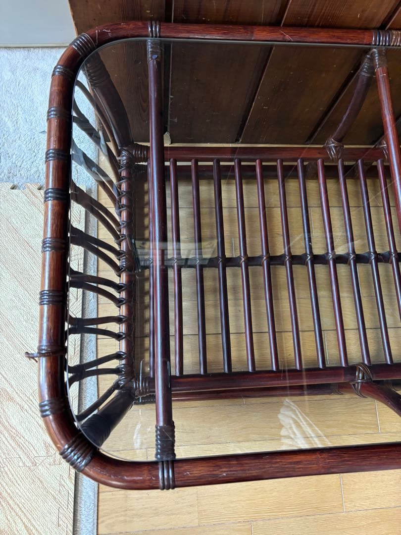 ꧁籐家具꧂アジアン ラタンテーブル ガラス天板座卓 センターテーブル 古家具