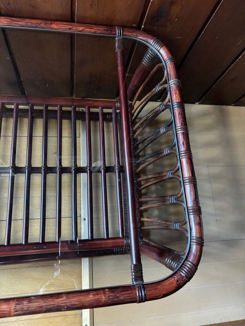 ꧁籐家具꧂アジアン ラタンテーブル ガラス天板座卓 センターテーブル 古家具