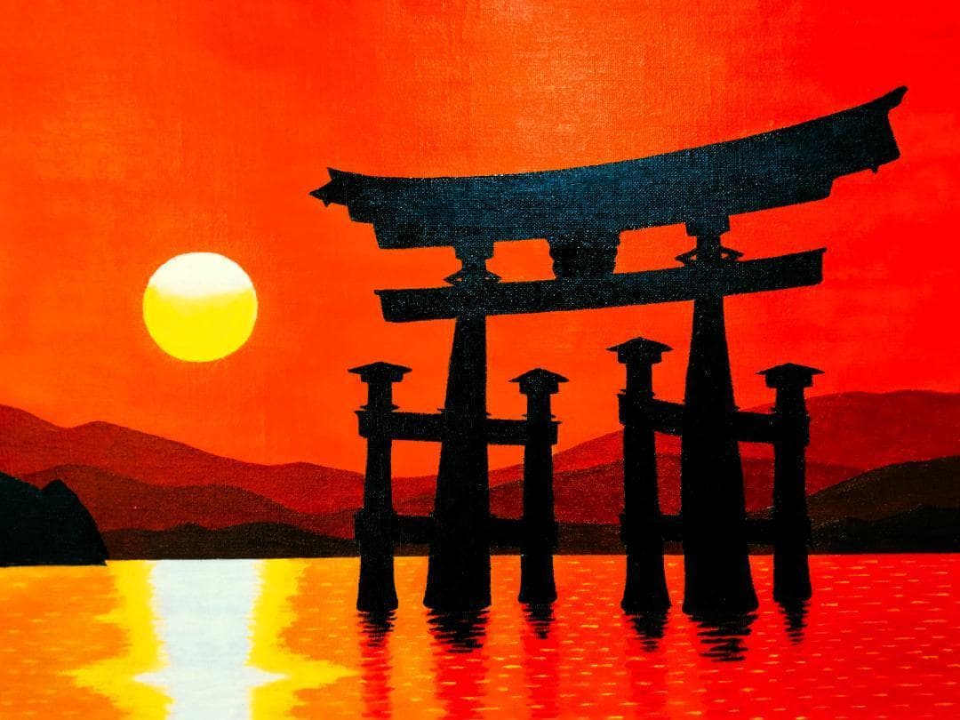 ★厳島神社鳥居・肉筆油彩画・F6キャンバス