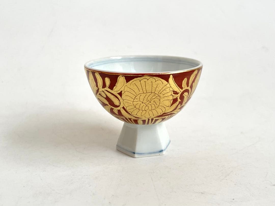 陶芸家　小野珀子　金襴手　酒盃　馬上杯　高脚杯　ぐい呑　酒器　共箱　九谷焼　猪口