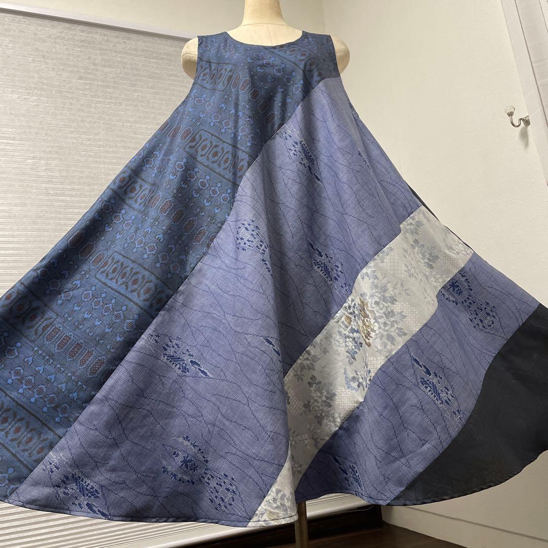 着物ワンピーステントラインロング丈《13》大島紬(証紙付き)等L〜［紺系］