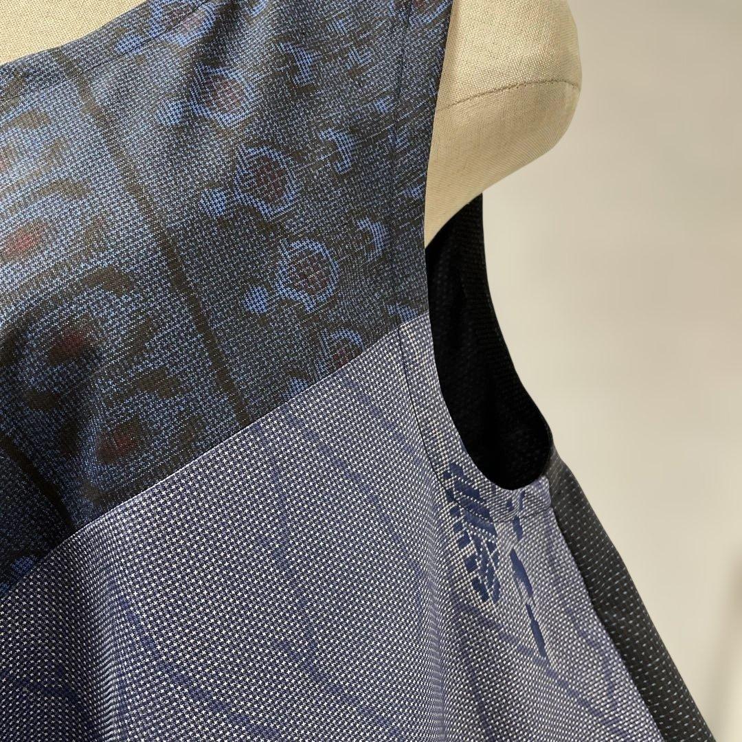 着物ワンピーステントラインロング丈《13》大島紬(証紙付き)等L〜［紺系］