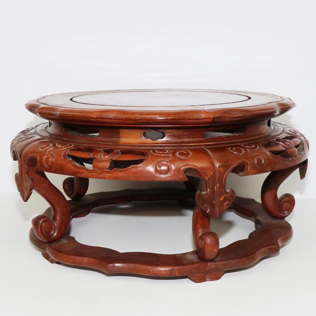 唐木　花台　盆栽台　透かし彫丸卓　卓