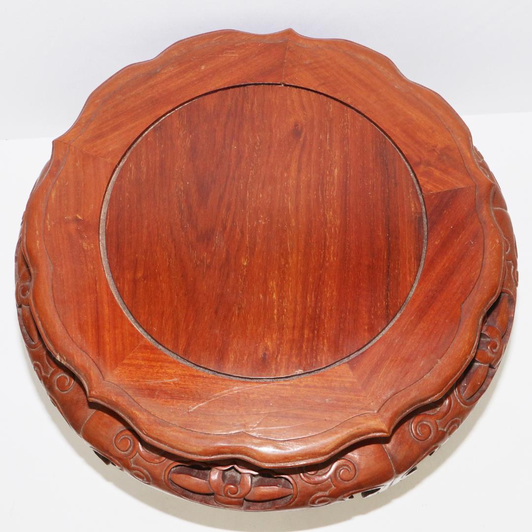 唐木　花台　盆栽台　透かし彫丸卓　卓