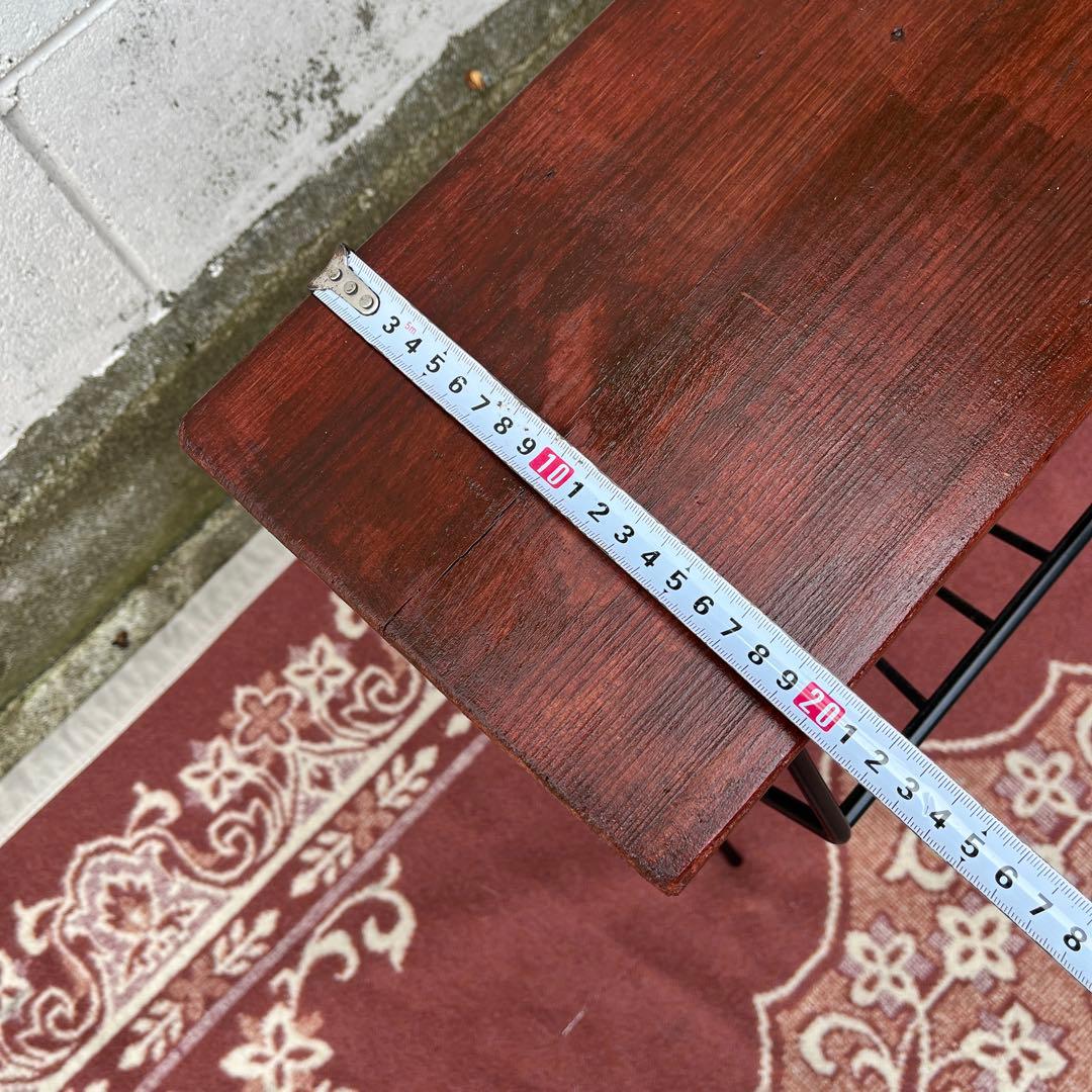 古家具◾️木製天板 一枚板×アイアン マガジンラック付き サイドテーブル 飾り台