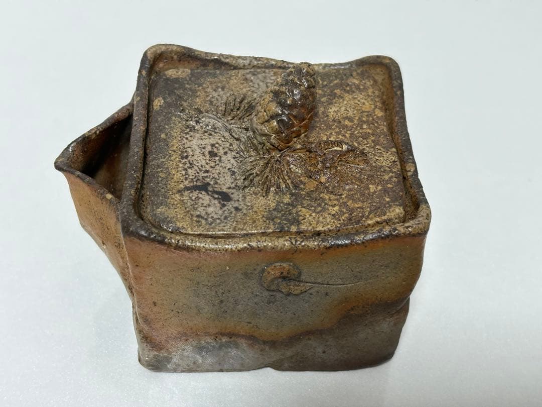 ⑰備前焼 宝瓶 登り窯 松 まつ 4角 手びねり 急須