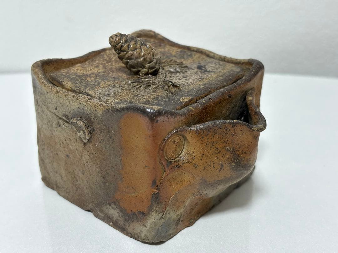 ⑰備前焼 宝瓶 登り窯 松 まつ 4角 手びねり 急須