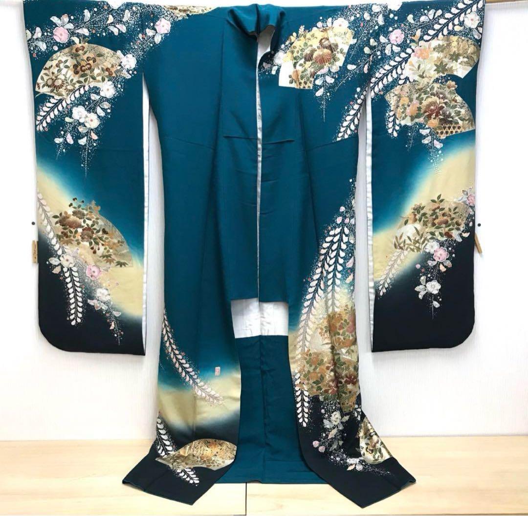 振袖　翠山工房　青緑　絞りに金彩　華やか　裄70