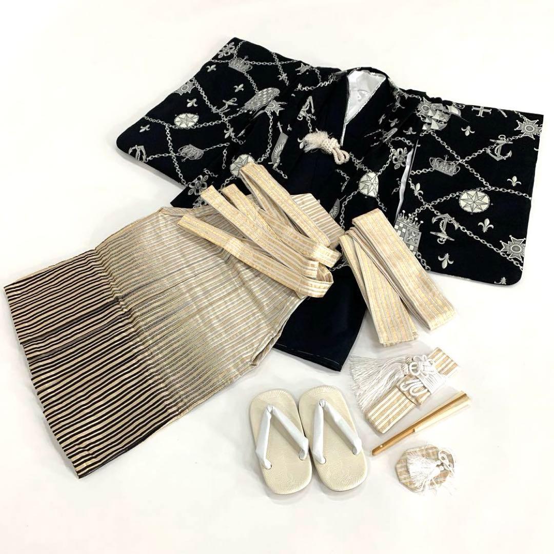 七五三 男の子 袴セット10点セット 3歳 記念 和装 黒×ゴールド