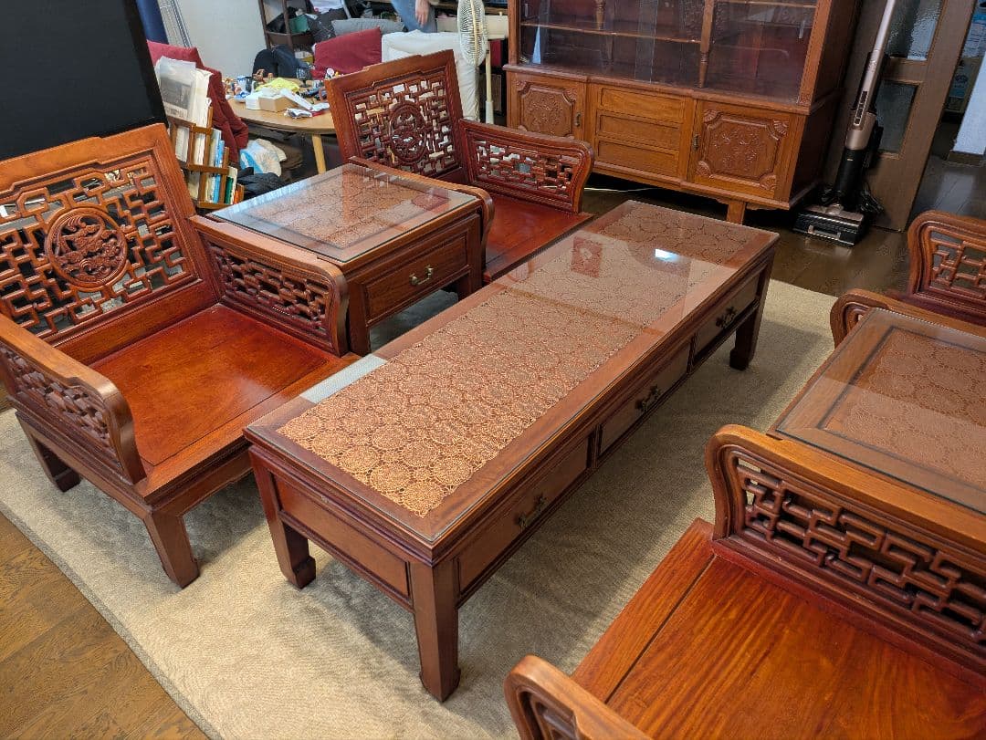 【yuki】中国木製彫刻入り応接セット【引き取り専用】