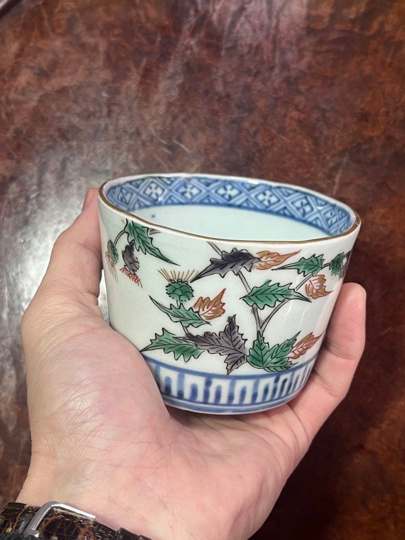 蕎麦猪口　そばちょこ　色絵　草花　あざみ　無傷完品　大振り　そば猪口　古伊万里