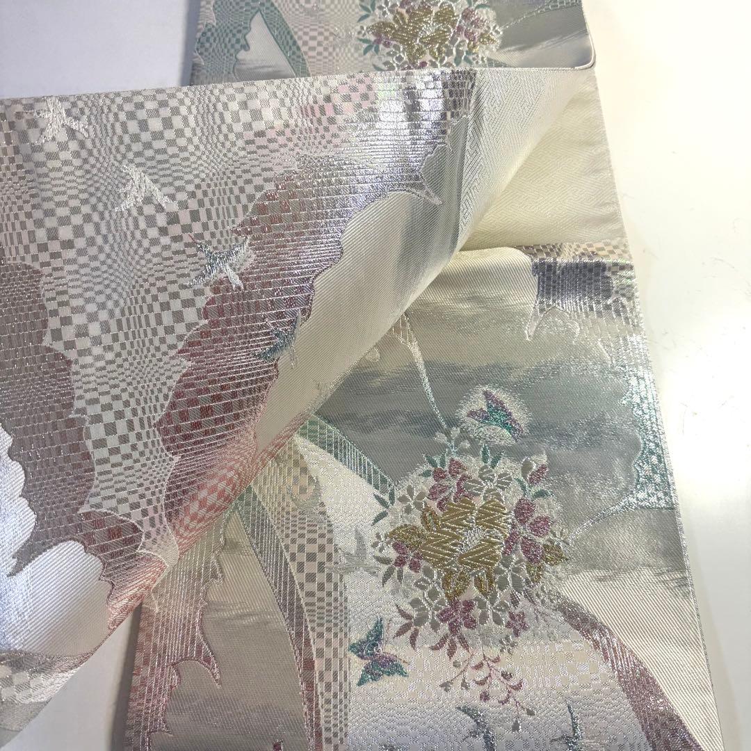 5k2218 袋帯　絹　西陣織　まいづる謹製　彩　唐織　銀色　金色　白　緑　青