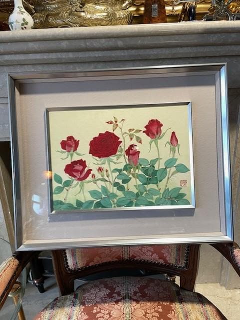 バラの絵 日本画 シルバーのフレーム