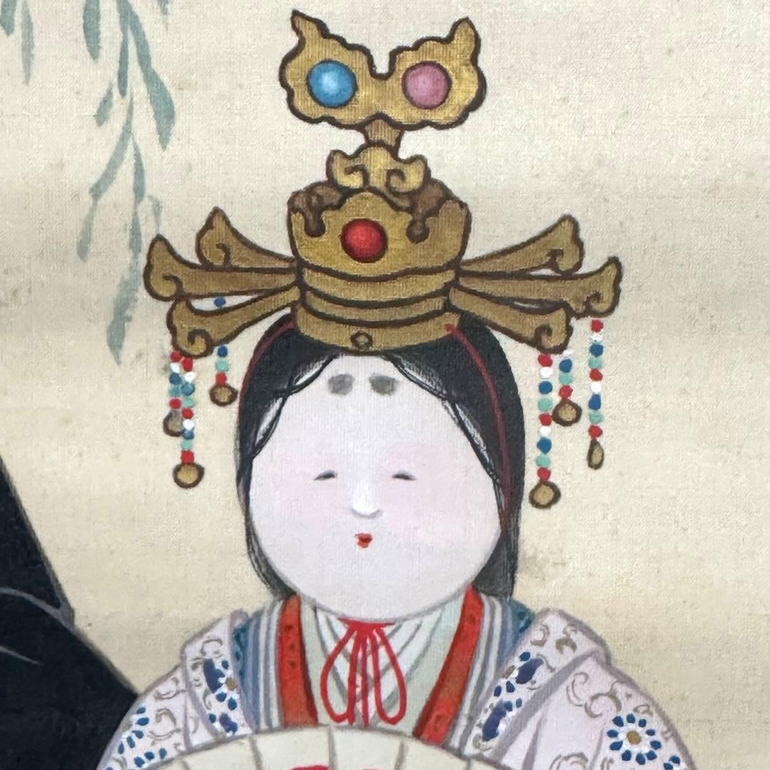 2076様感謝‼️春へ‼️座り雛「雛図」掛軸画絹本肉筆落款　栄輝筆　署名落款合わせ箱