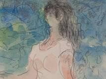 【真作】絵画　山田耕三　水彩0号　若い女　やわらかなタッチ　箱入　Y186
