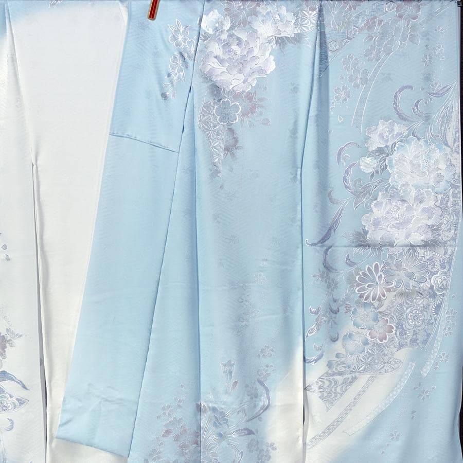 専用　ご予約　振袖　未仕立て　仮絵羽　アイスブルー　牡丹　桜　熨斗目　銀彩加工