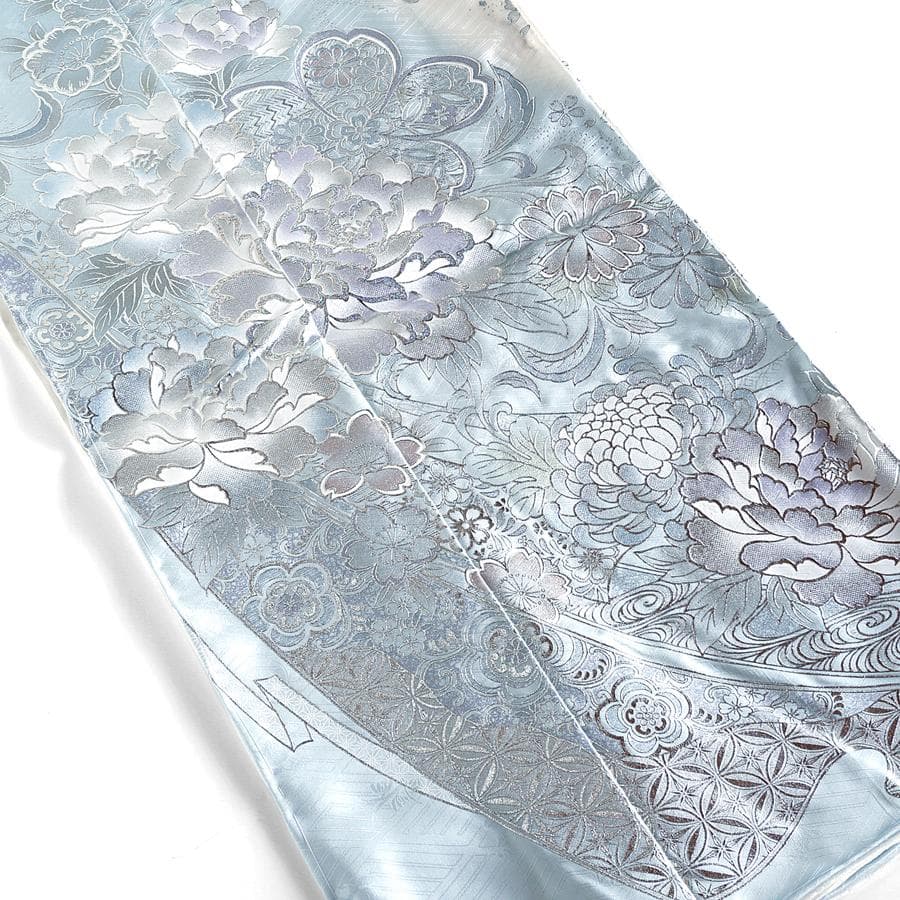 専用　ご予約　振袖　未仕立て　仮絵羽　アイスブルー　牡丹　桜　熨斗目　銀彩加工