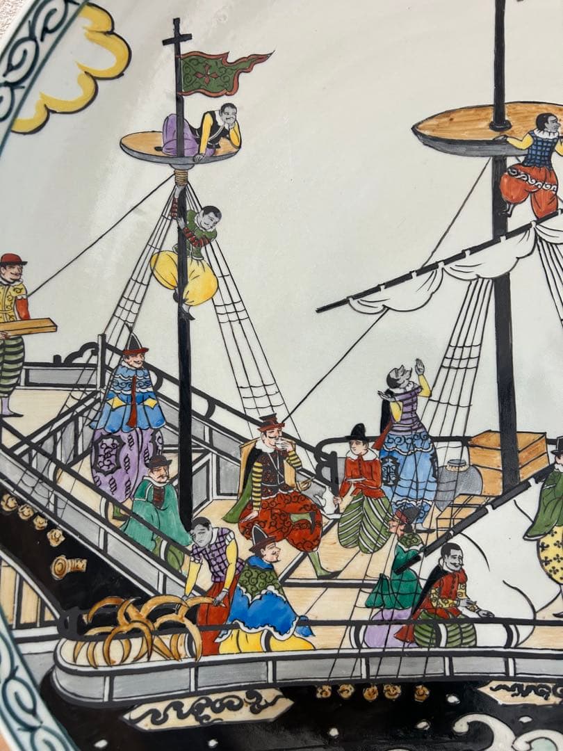 有田焼 円左エ門 南蛮船 大皿 直径約46cm／皿立て・箱付／店舗・床の間飾り