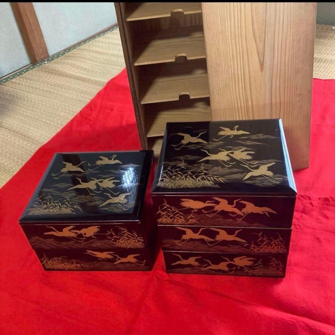 漆器 重箱 金色の鶴と波模様　輪島塗
