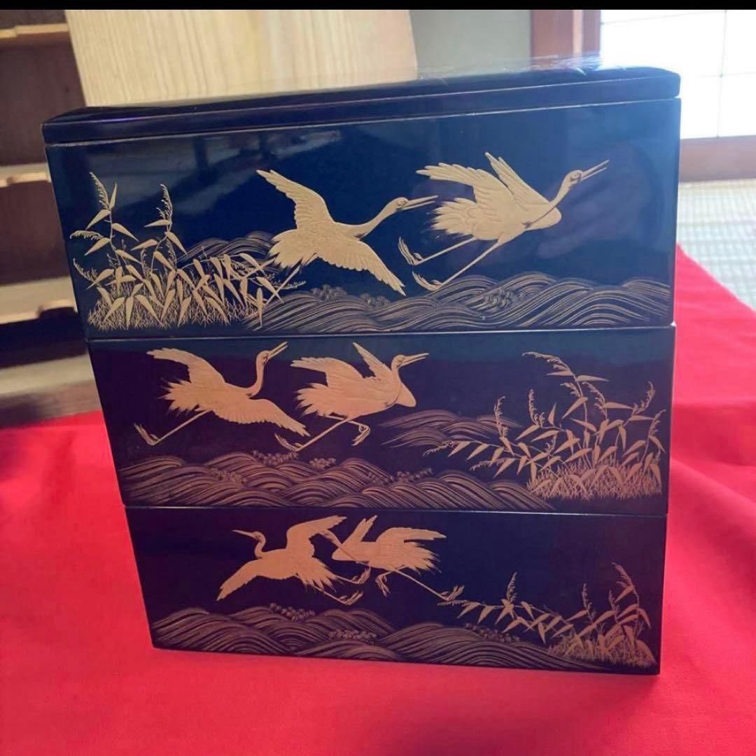 漆器 重箱 金色の鶴と波模様　輪島塗