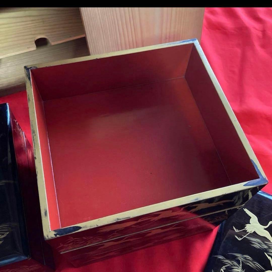 漆器 重箱 金色の鶴と波模様　輪島塗