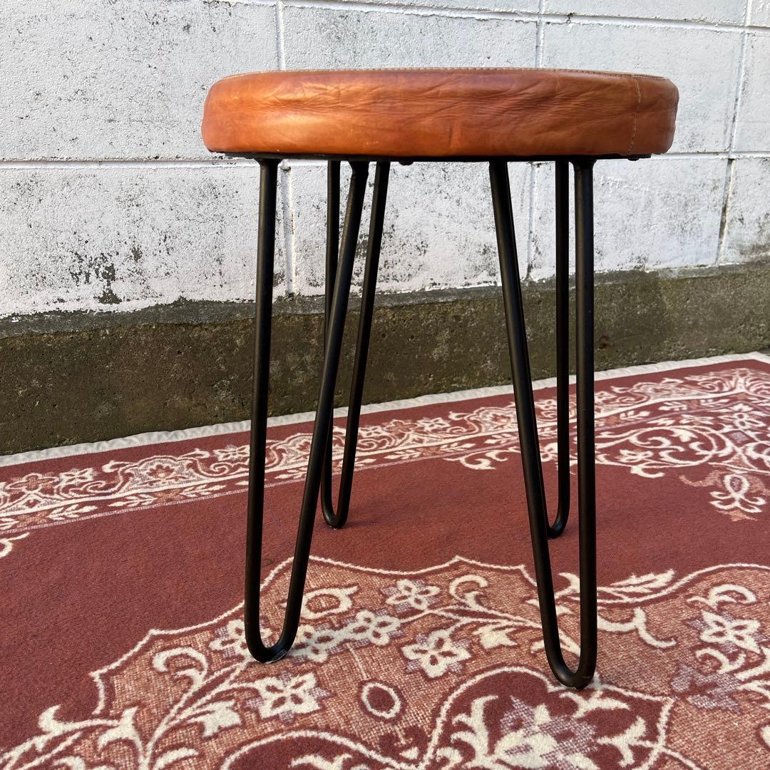 本革レザー座面×鉄脚アイアンレッグ◾️丸椅子 スツール 丸イス