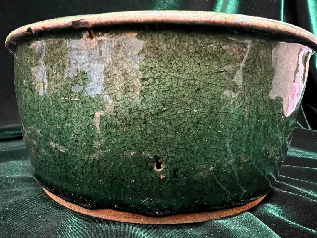 中国清朝在銘（石湾和安造）緑釉陶器 古美術 骨董品高さ8.5cmx口径19cm