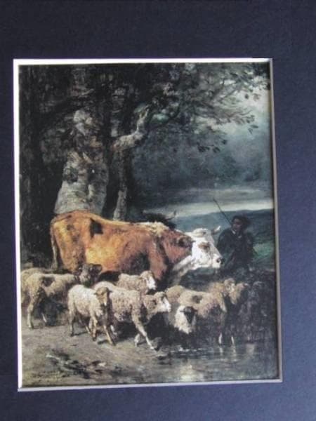 コンスタン・トロワイヨン、市場の帰り、希少画集画、新品額装付