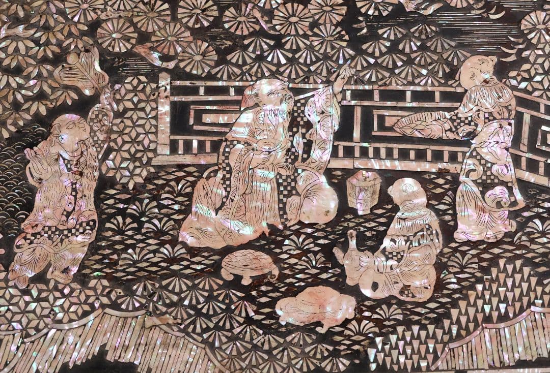 【MA732】時代 中国美術 人物文 螺鈿細工 二段卓 花台 木製 香炉台