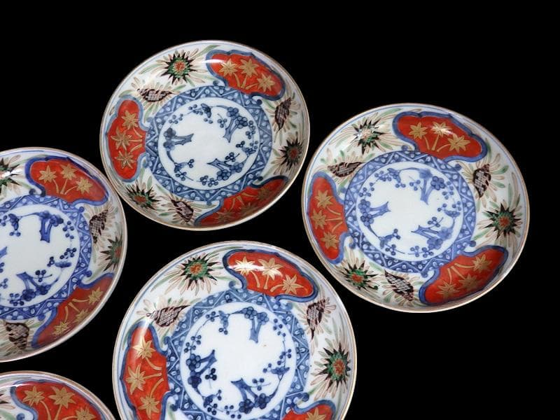 古伊万里　色絵　窓絵　貝の図　４寸皿　５枚　A137AS-CYs