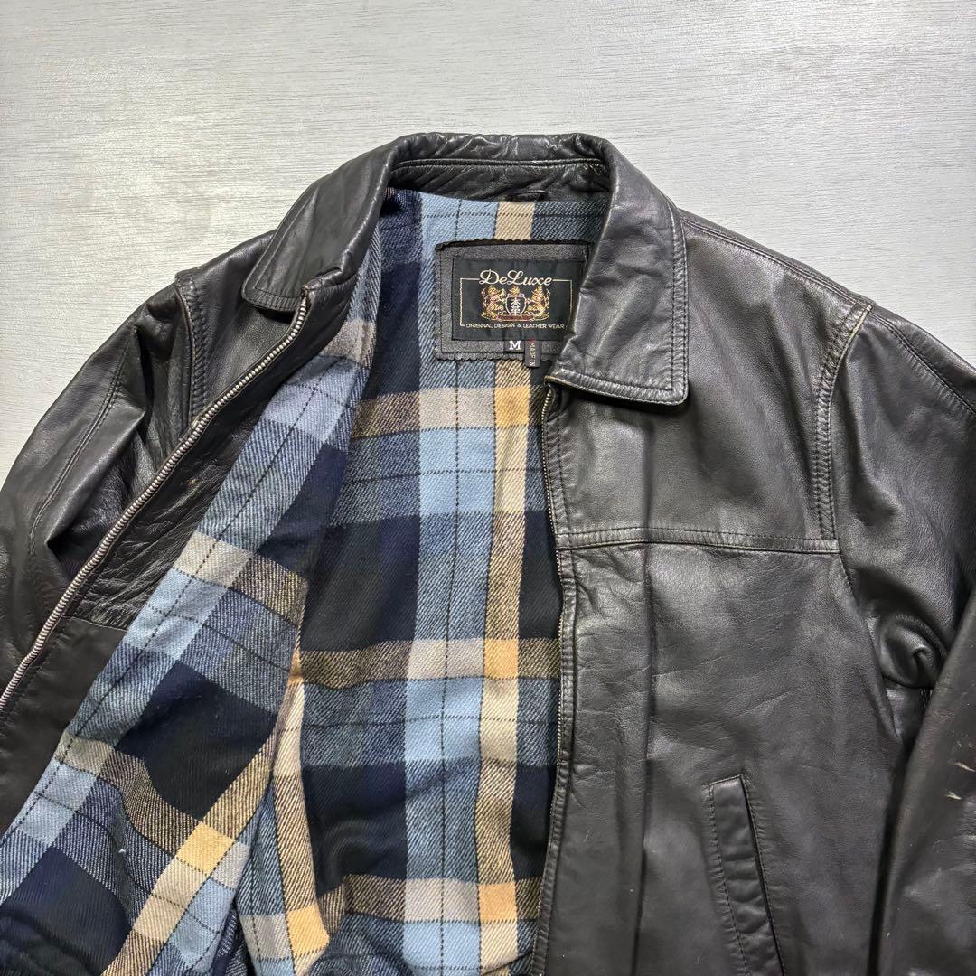 vintage レザージャケット　ブルゾン　本革オールレザー　チェック　短丈　M
