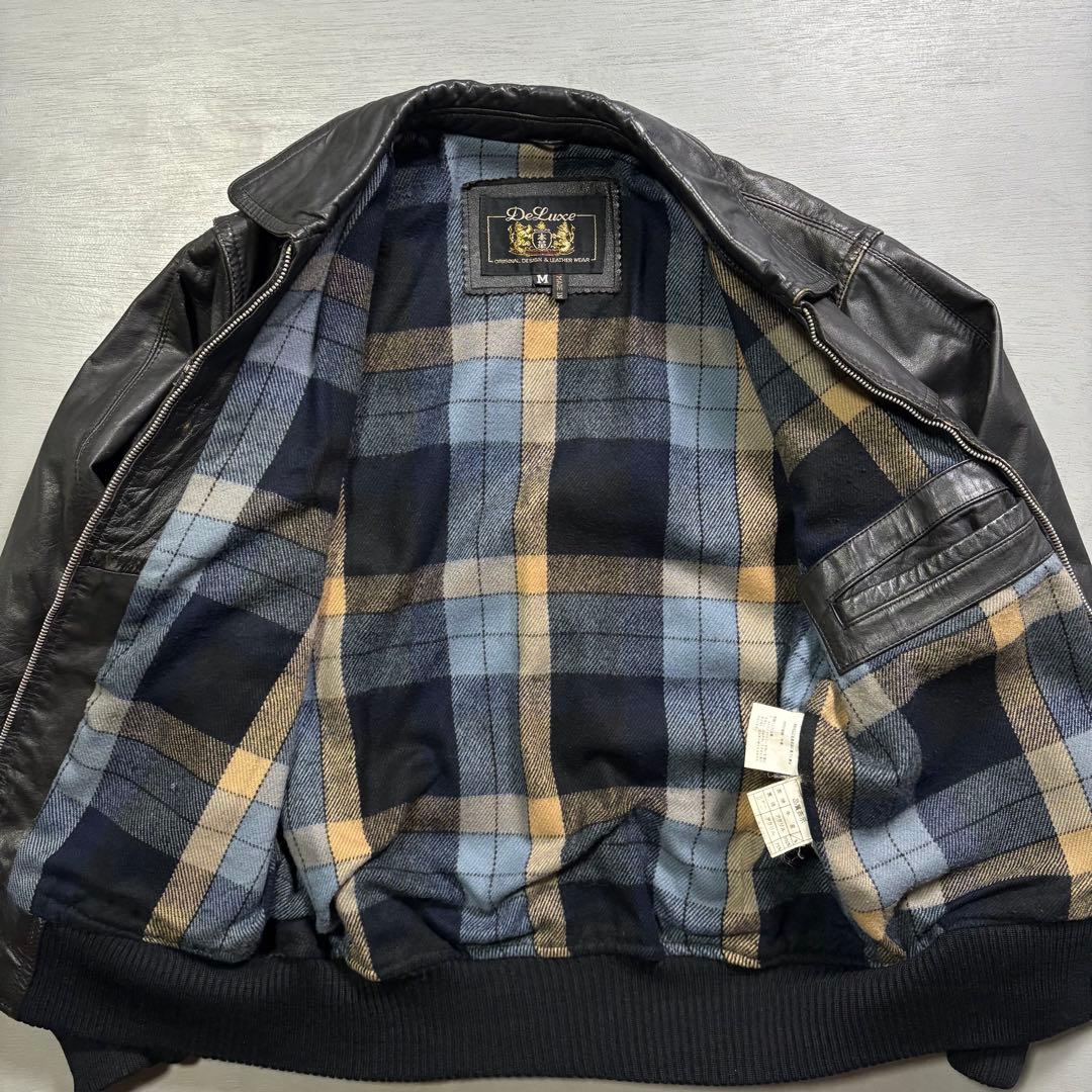 vintage レザージャケット　ブルゾン　本革オールレザー　チェック　短丈　M