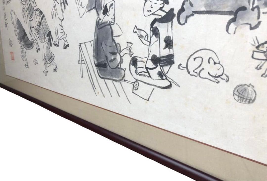 むかし絵　肉筆画　墨絵　春姿吉田の色町　額装/インテリア　絵画　水墨画