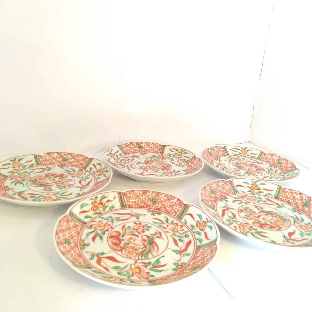 平安橘吉　赤絵和皿　5枚セット　鳳凰絵柄