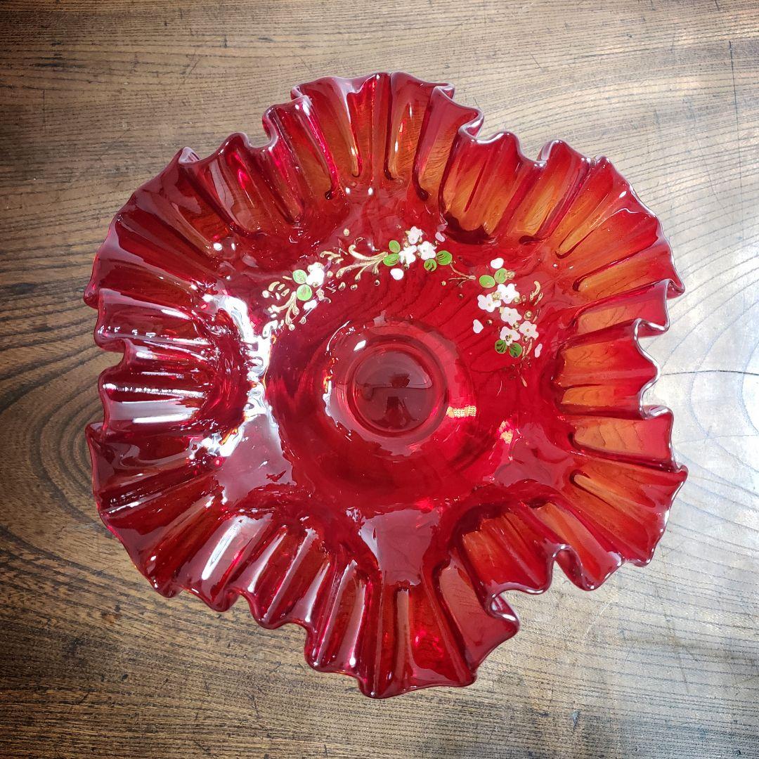 デザートグラス　氷コップ　色ガラス　輪花　ウランガラス　色絵付　明治　大正