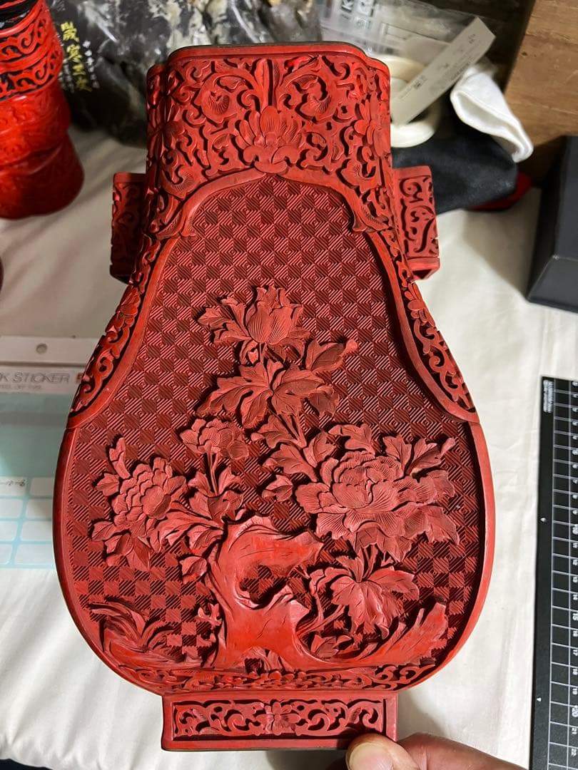 雕漆花瓶 堆朱 中国古美術