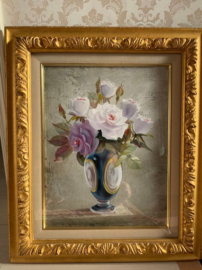油彩画　花瓶とバラ　肉筆　ゴールド額縁　アンティーク