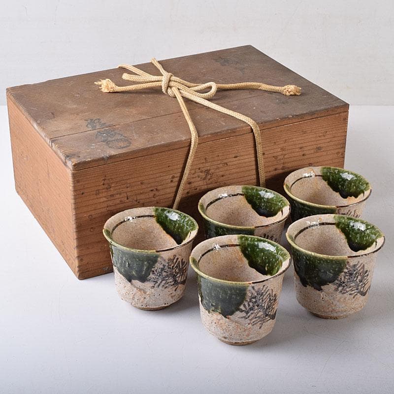 山口錠鐵作　瀬戸焼　絵織部　一口碗　五客　共箱　V　R8412