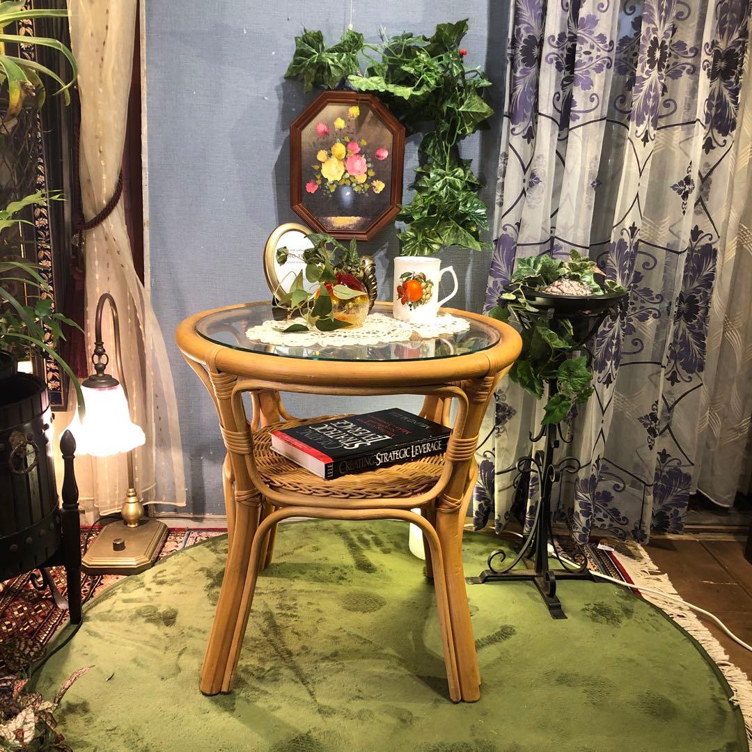 ナチュラル　籐ラタンフレーム サイドテーブル 丸テーブル