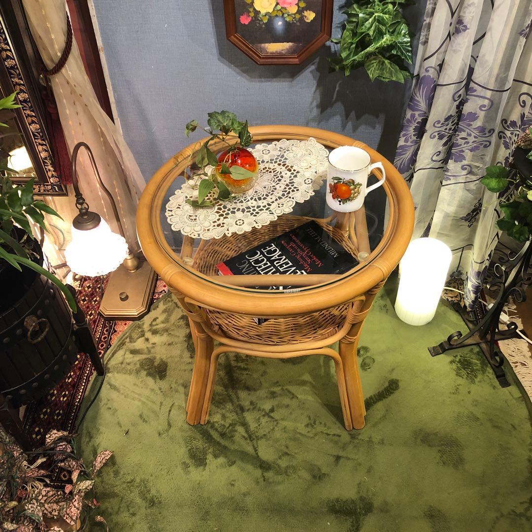 ナチュラル　籐ラタンフレーム サイドテーブル 丸テーブル