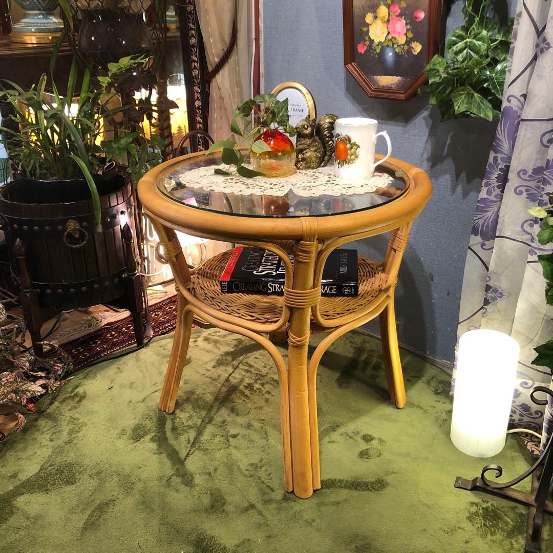 ナチュラル　籐ラタンフレーム サイドテーブル 丸テーブル