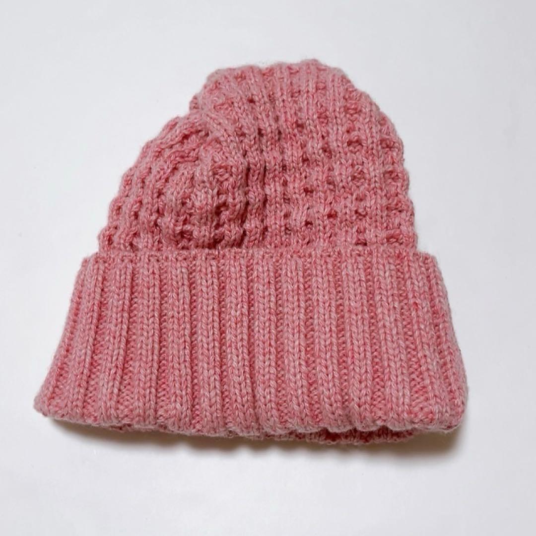 美品45R カシミヤビッグワッフルのニット帽 ピンク フリーサイズ ユニセックス