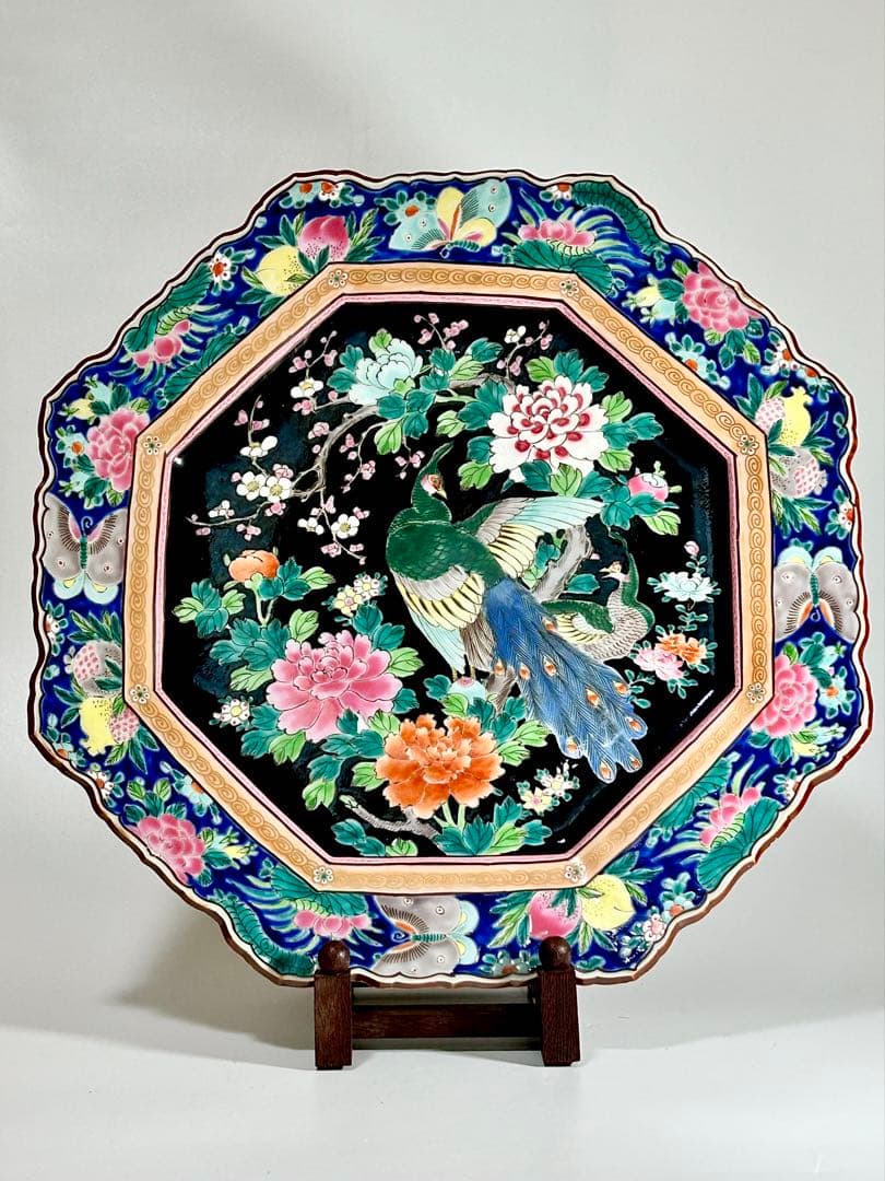 明治の名工 初代晩香 庄村健吉 色絵八角大皿 有田焼 伊万里