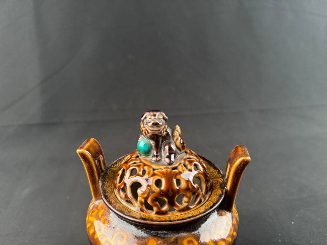 三ツ井為吉作 深厚釉香炉 九谷焼 火焔文皇玉獅子 高足三足 本物保証