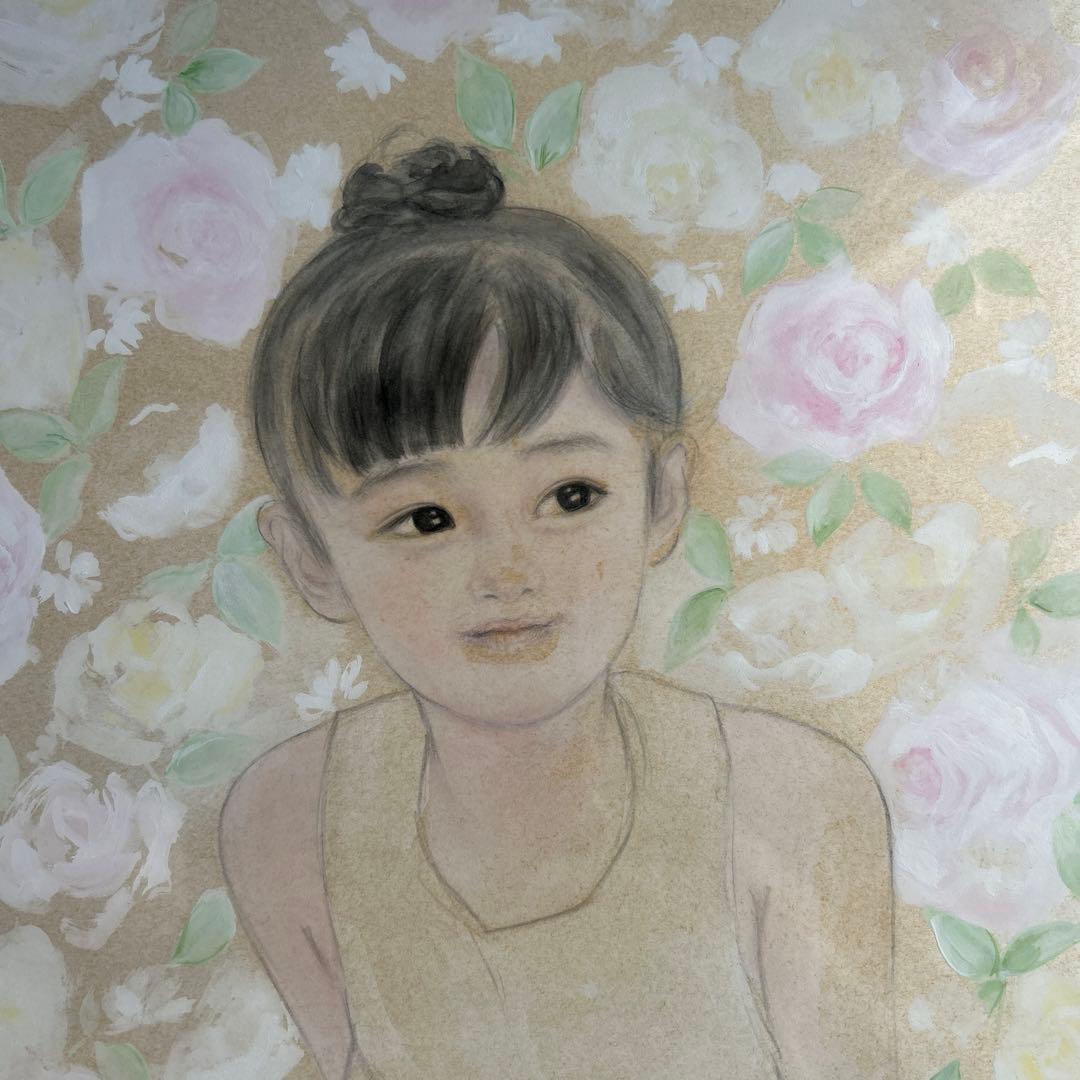 絵画　水彩画　原画　少女　おおた慶文　「バラのかくれんぼ」