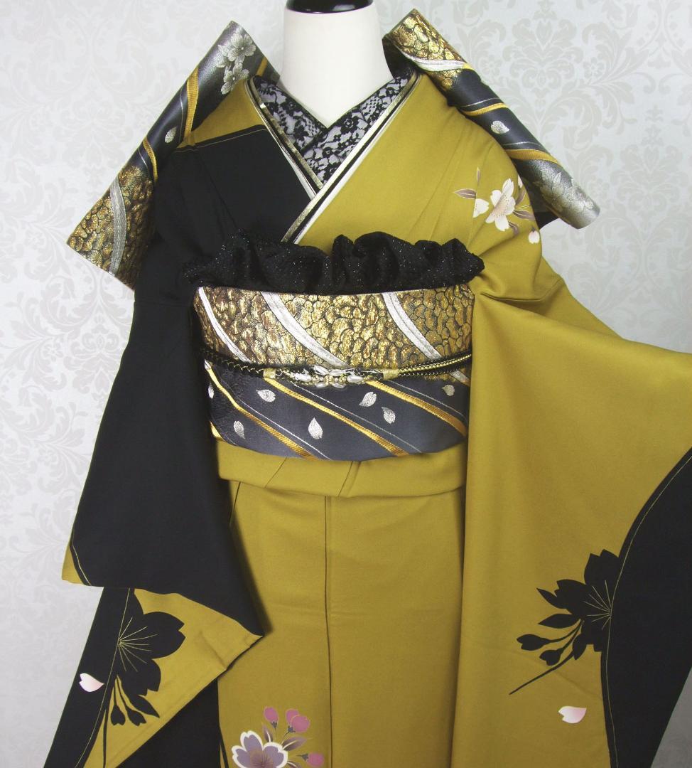 桜尽くし モダン マスタード　西陣じゅらく袋帯　振袖フルセット　ｍ18 成人式