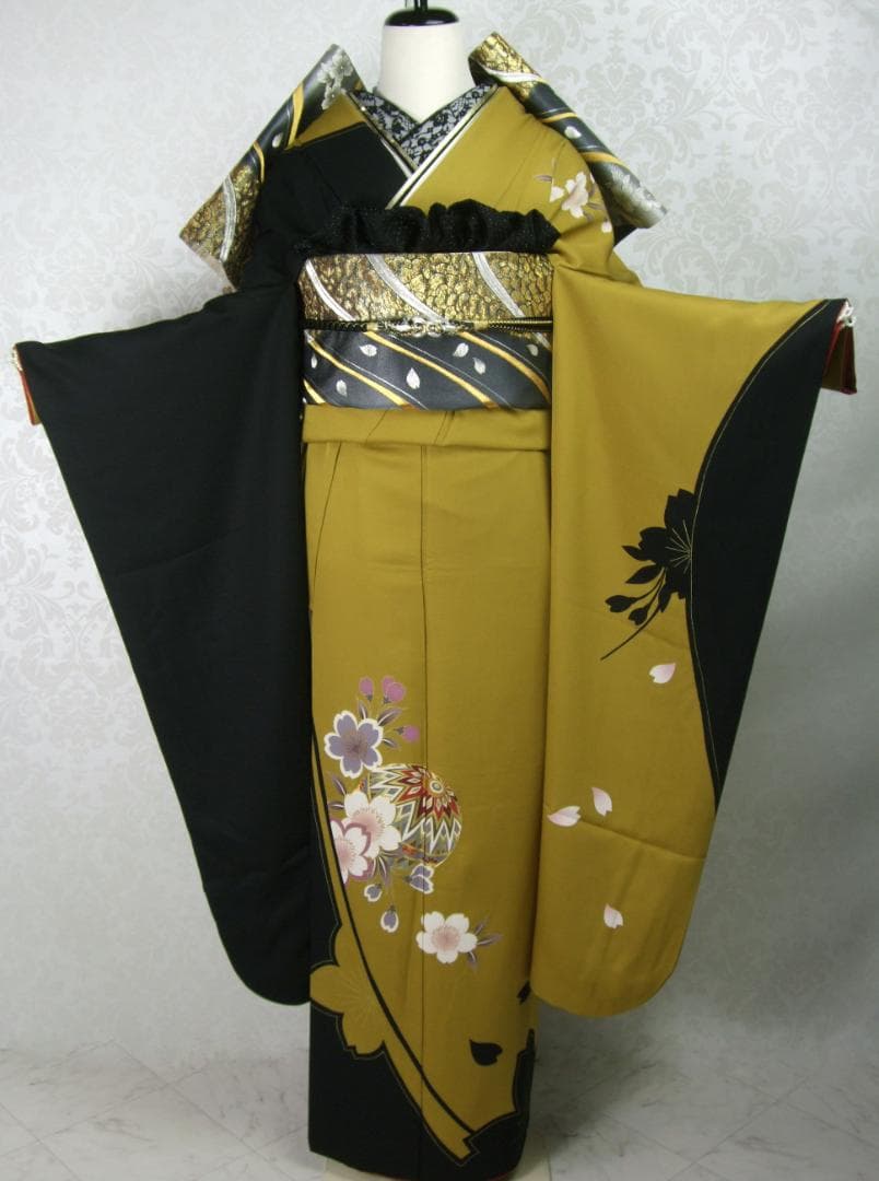 桜尽くし モダン マスタード　西陣じゅらく袋帯　振袖フルセット　ｍ18 成人式