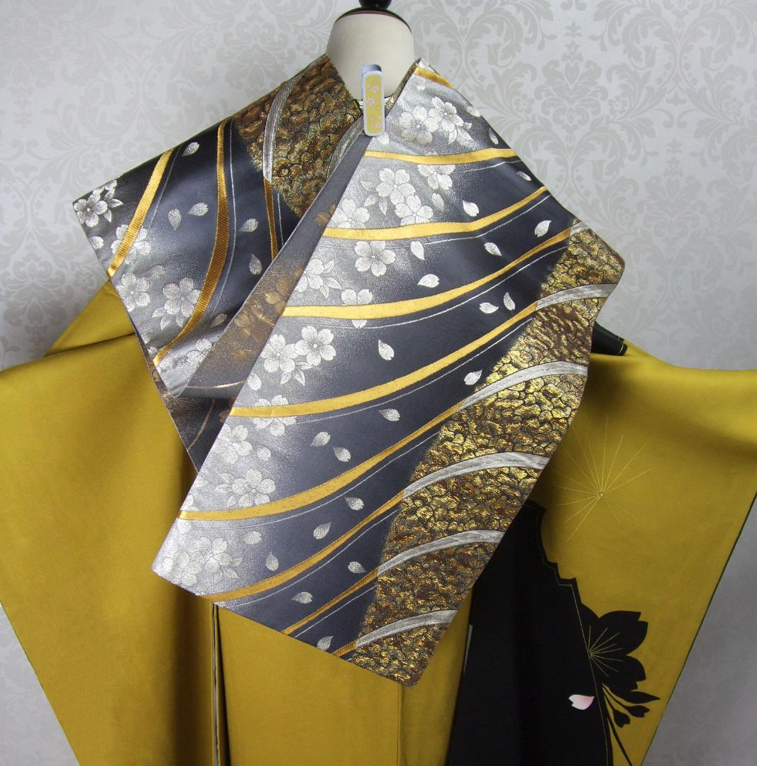 桜尽くし モダン マスタード　西陣じゅらく袋帯　振袖フルセット　ｍ18 成人式