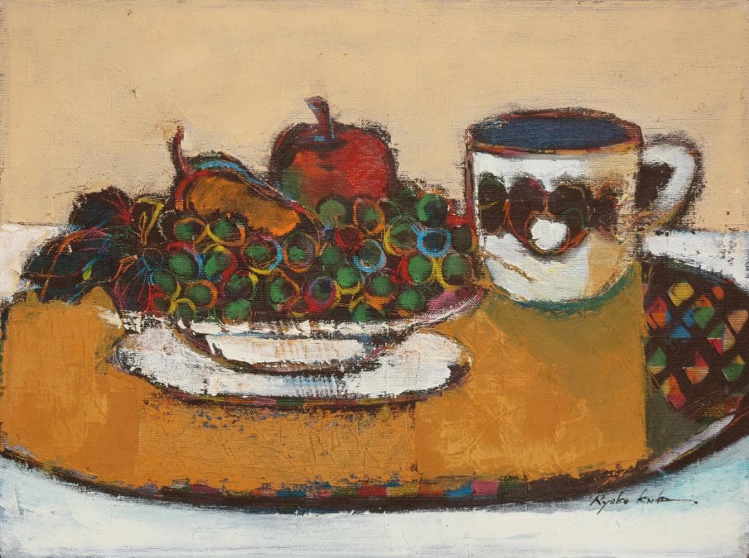 油絵 絵 絵画インテリア 額付(黒) uF6-061204 静物フルーツ カップ