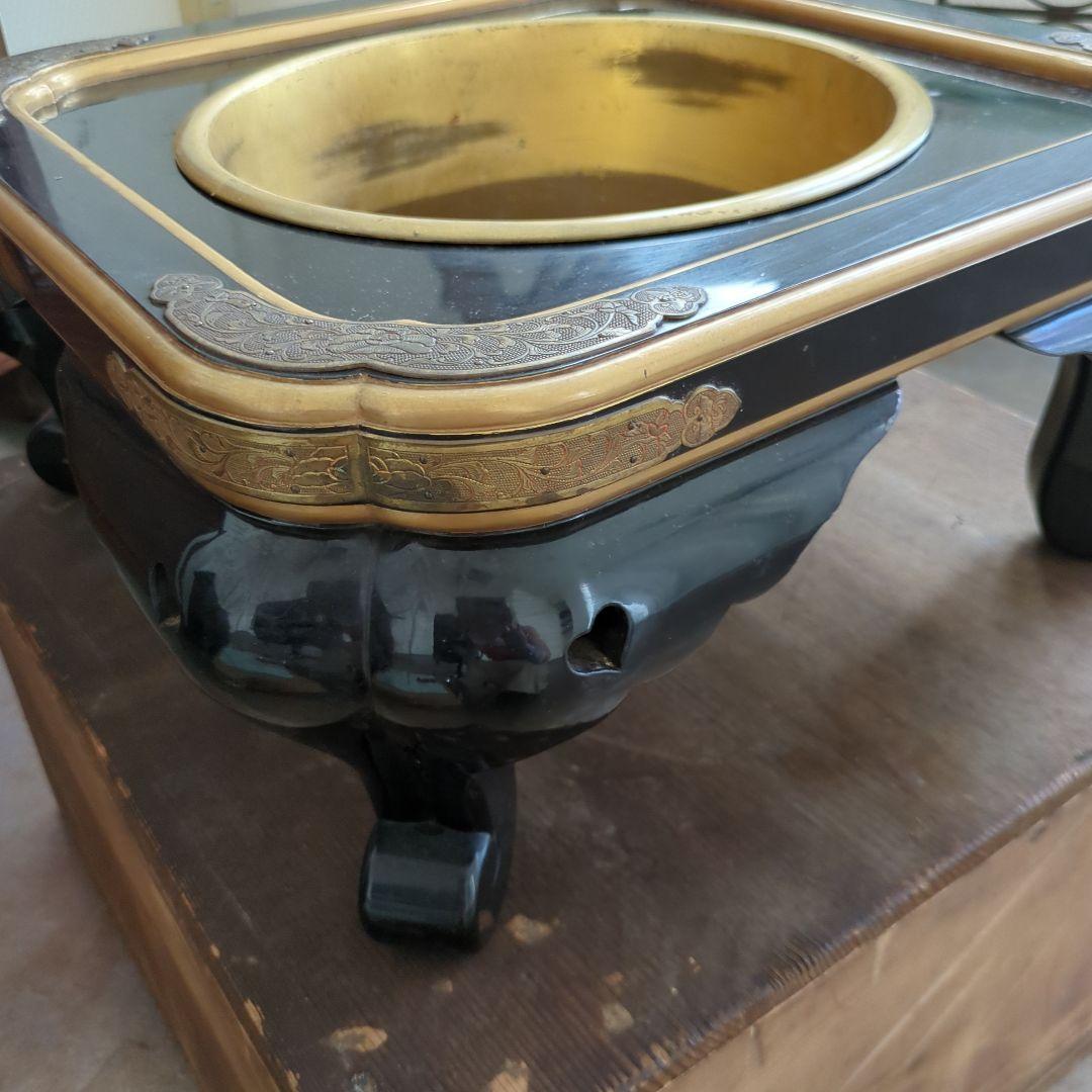 骨董 大名火鉢 火鉢 漆 漆器 金彩 猫脚 銅器 希少品 美品 木箱 火鉢